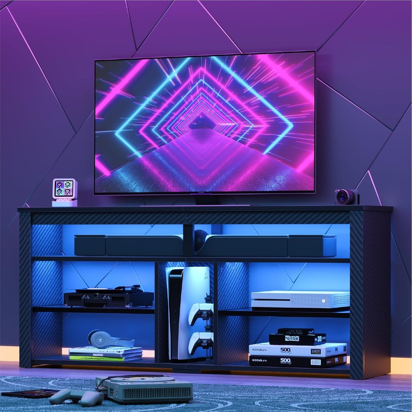 LED Tall TV Stand For 55-65 TV With Adjustable Shelves