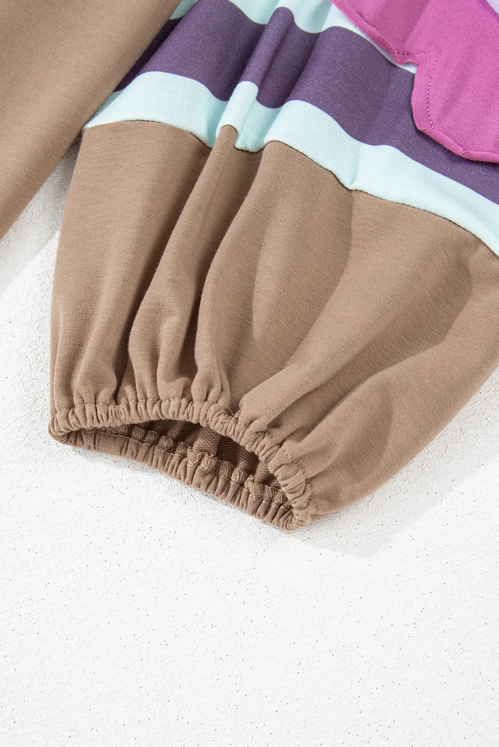 Light French Beige Flower Striped Patchwork Puff Sleeve Loose PLUS Sweatshirt