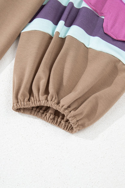 Light French Beige Flower Striped Patchwork Puff Sleeve Loose PLUS Sweatshirt