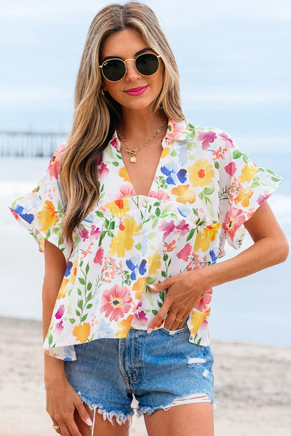 Liberty Floral Boxy Fit Ruffled Short Sleeve V Neck Blouse