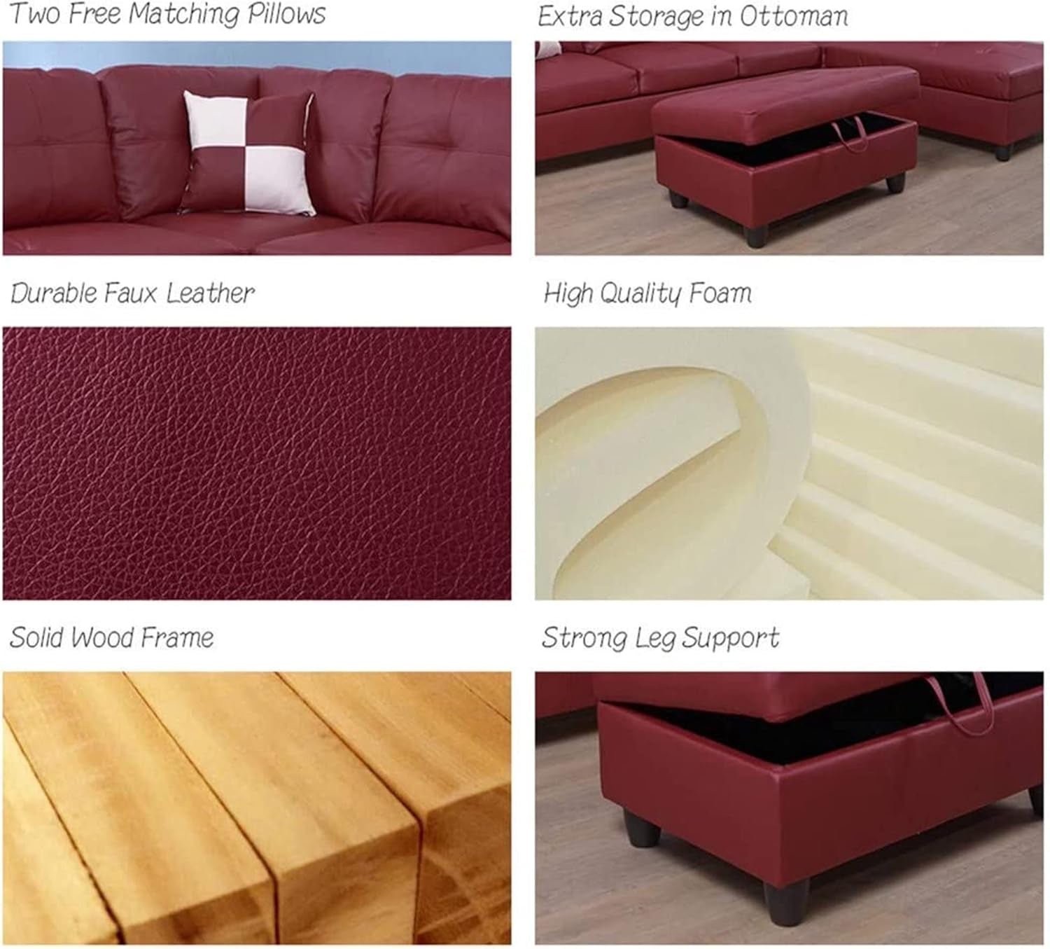 Sectional Sofa Faux Leather L Shaped 103.5 Inch Wide Red ShipItFurniture