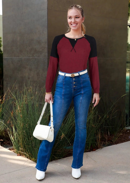 Two Tone Waffle Knit Crewneck Sweater Anna-Kaci Wholesale