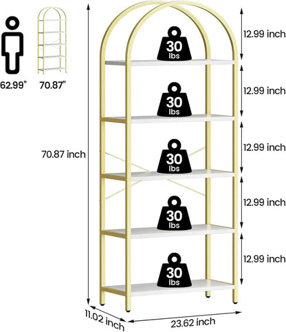 5 Tier Bookshelf Arched Display White Gold Metal Frame Bookcase - Get it from Bo