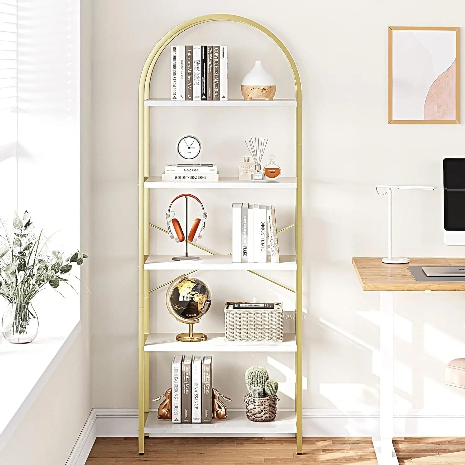 5 Tier Bookshelf Arched Display White Gold Metal Frame Bookcase - Get it from Bo