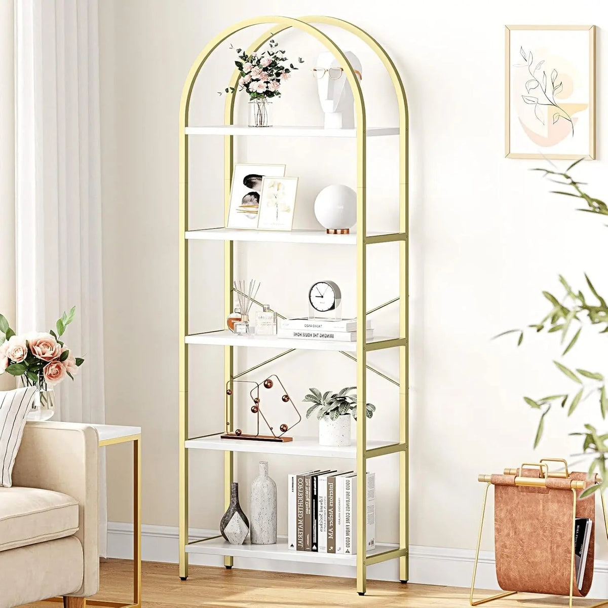 5 Tier Bookshelf Arched Display White Gold Metal Frame Bookcase - Get it from Bo