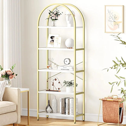 5 Tier Bookshelf Arched Display White Gold Metal Frame Bookcase - Get it from Bo