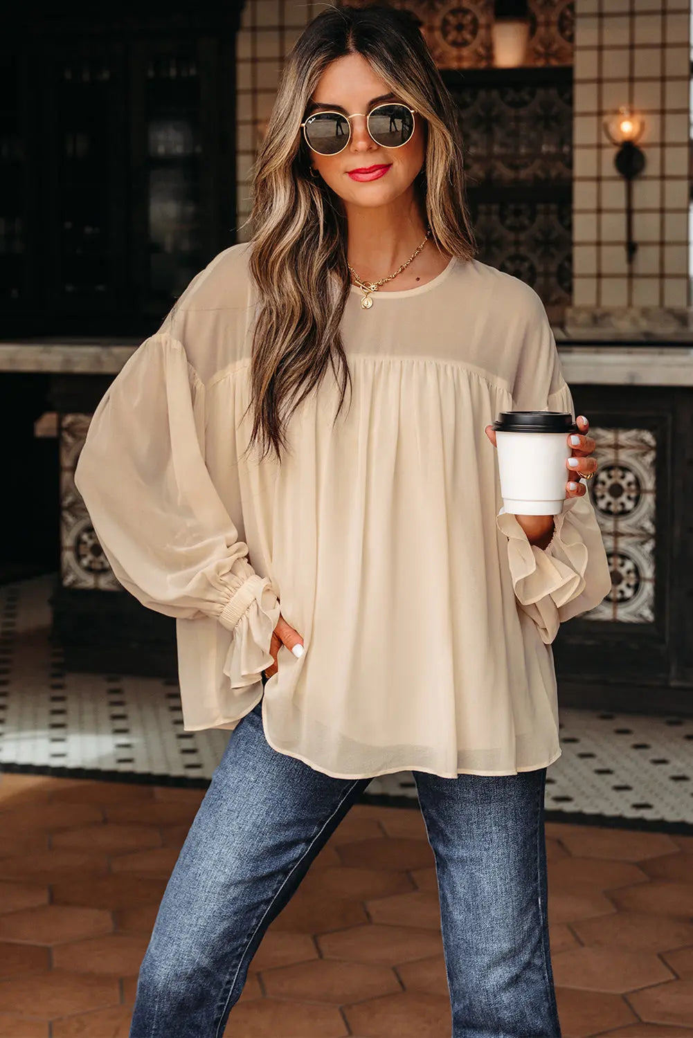 Mayaevi Sleeve Chiffon Blouse Long Sleeve Top