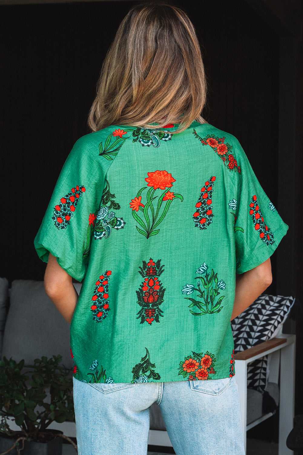 Penelope Floral Buttoned V Neck Short Sleeve Blouse Threaded Pear