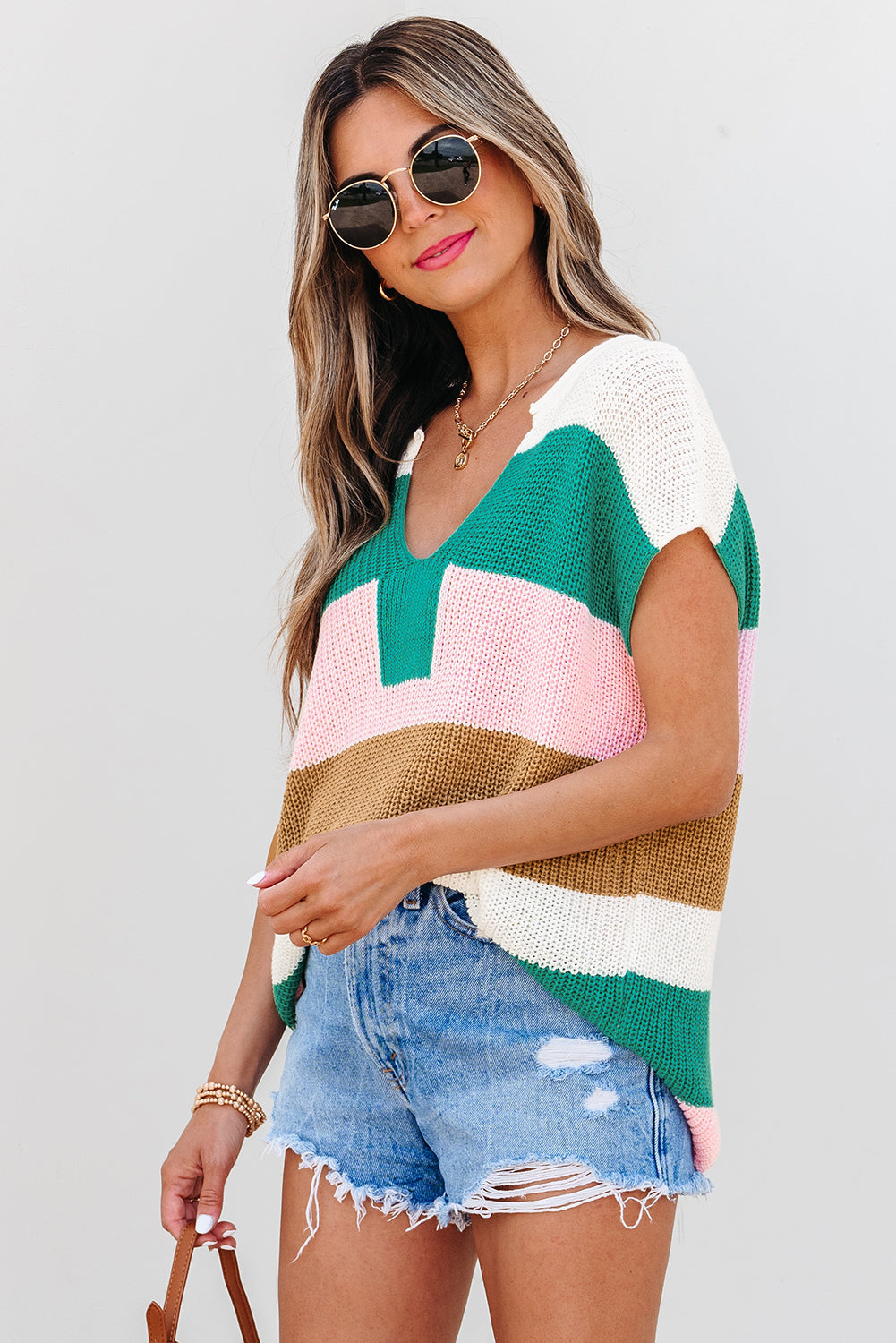 Elliot Color Block Notch V Neck Sweater Top