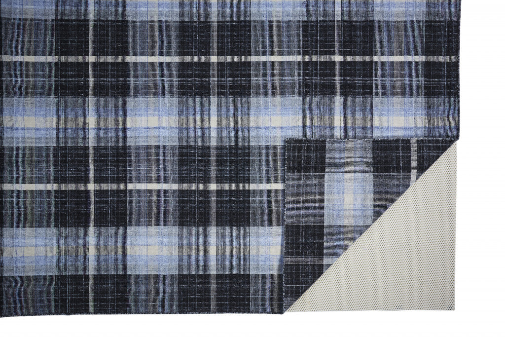 8' X 10' Black Blue And White Abstract Hand Woven Stain Resistant Area Rug