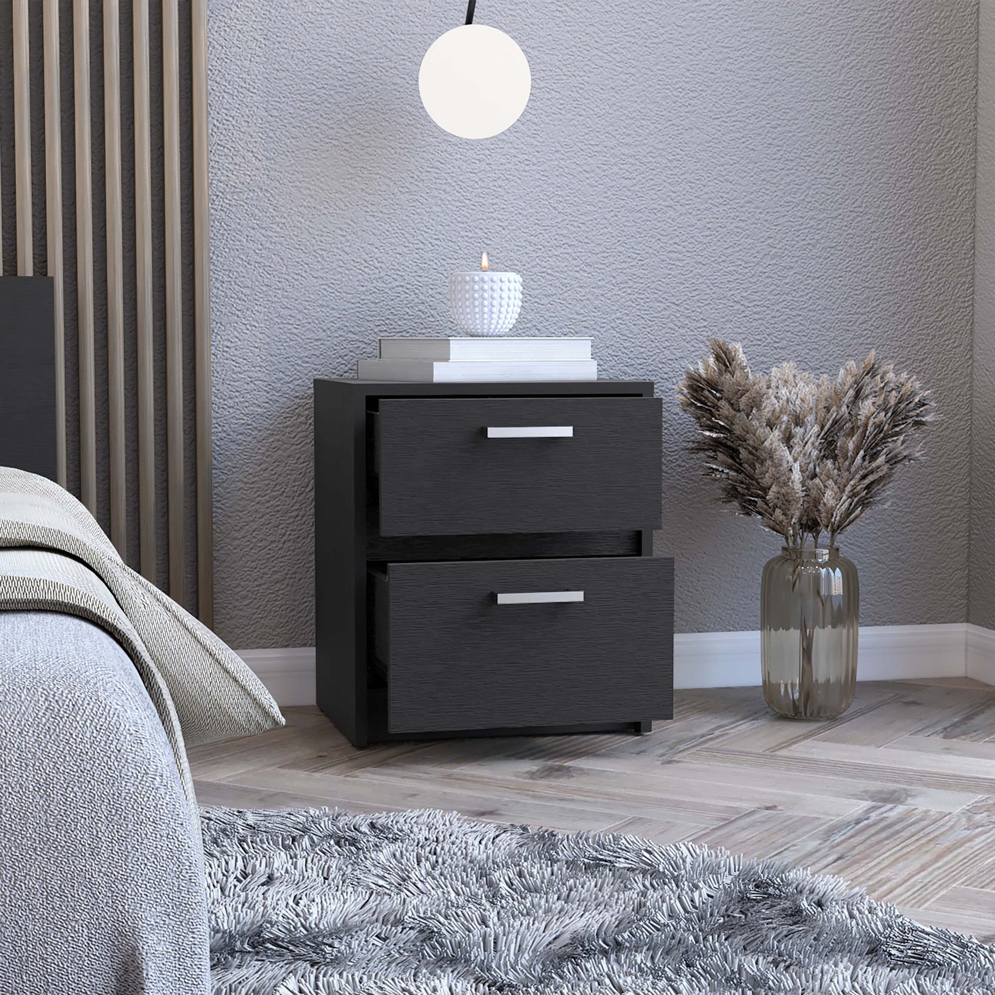 19" Black Wood Two Drawer Nightstand Homeroots