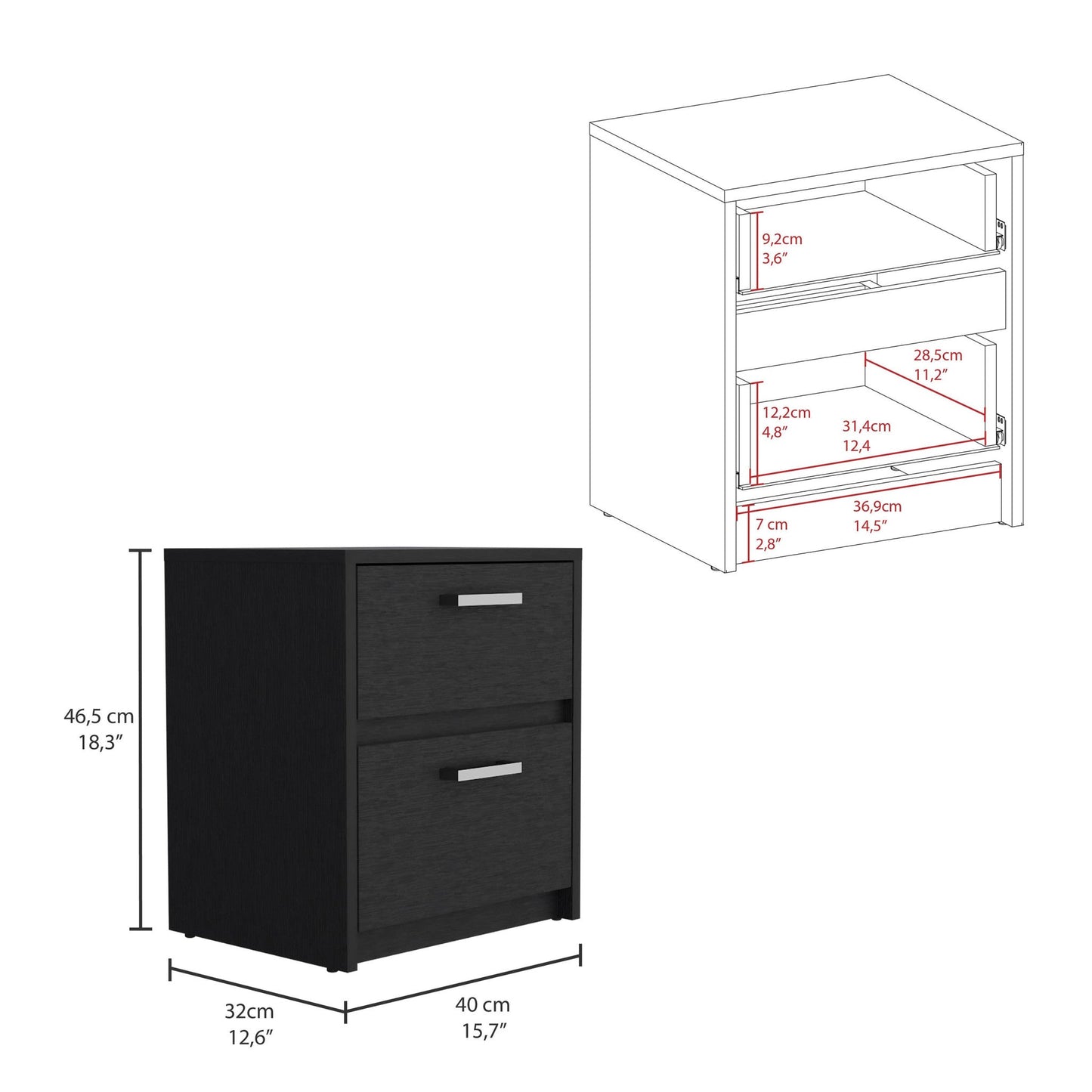 19" Black Wood Two Drawer Nightstand Homeroots