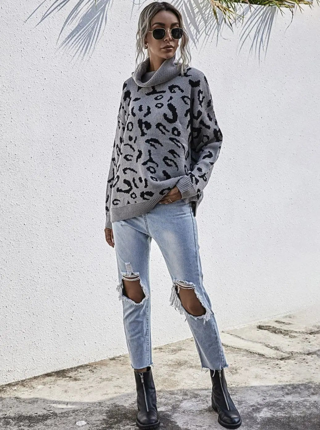 High Neck Leopard Print Sweater Anna-Kaci Wholesale