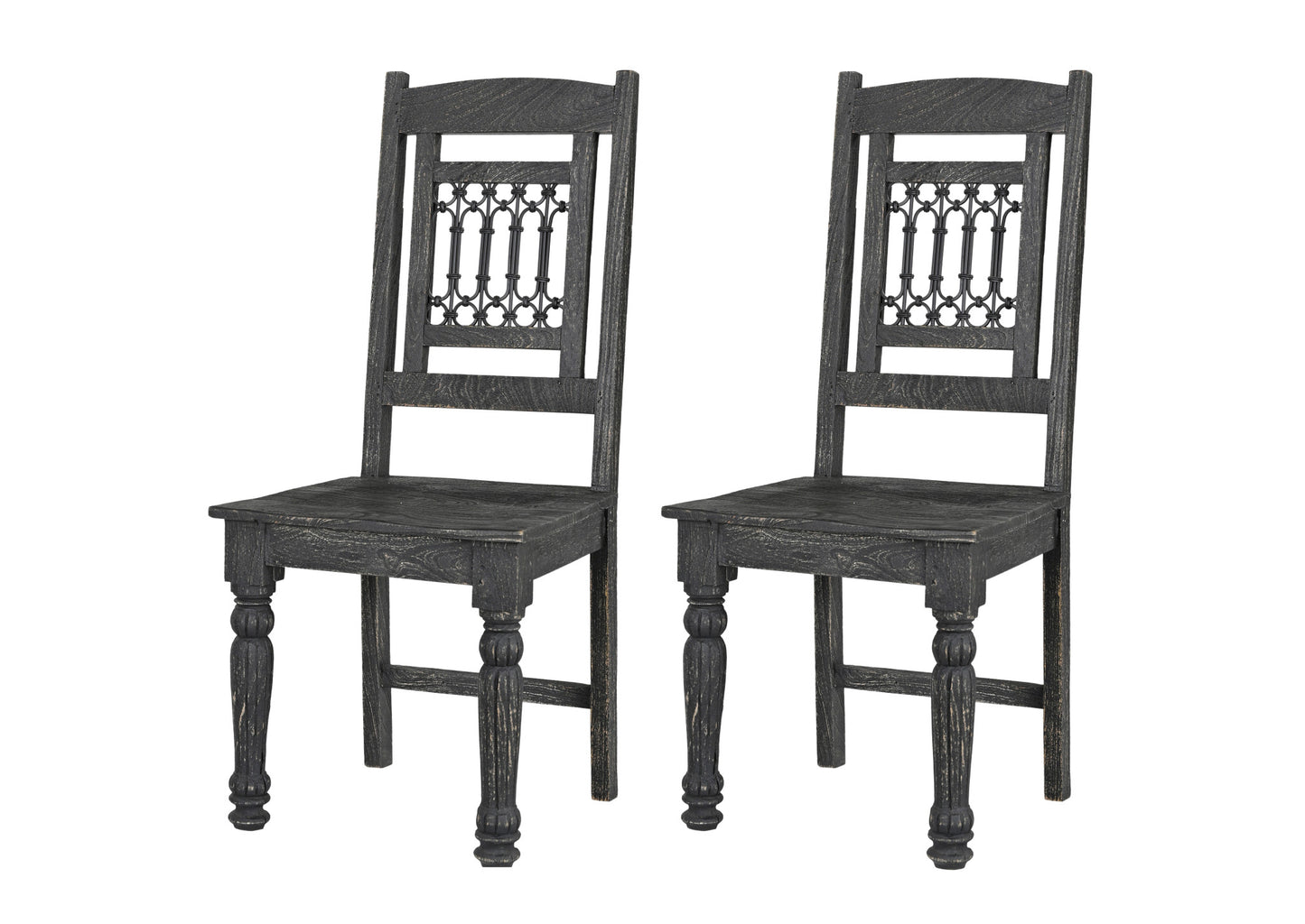 Set of Two Black Wood Slat Back Dining Side Chairs