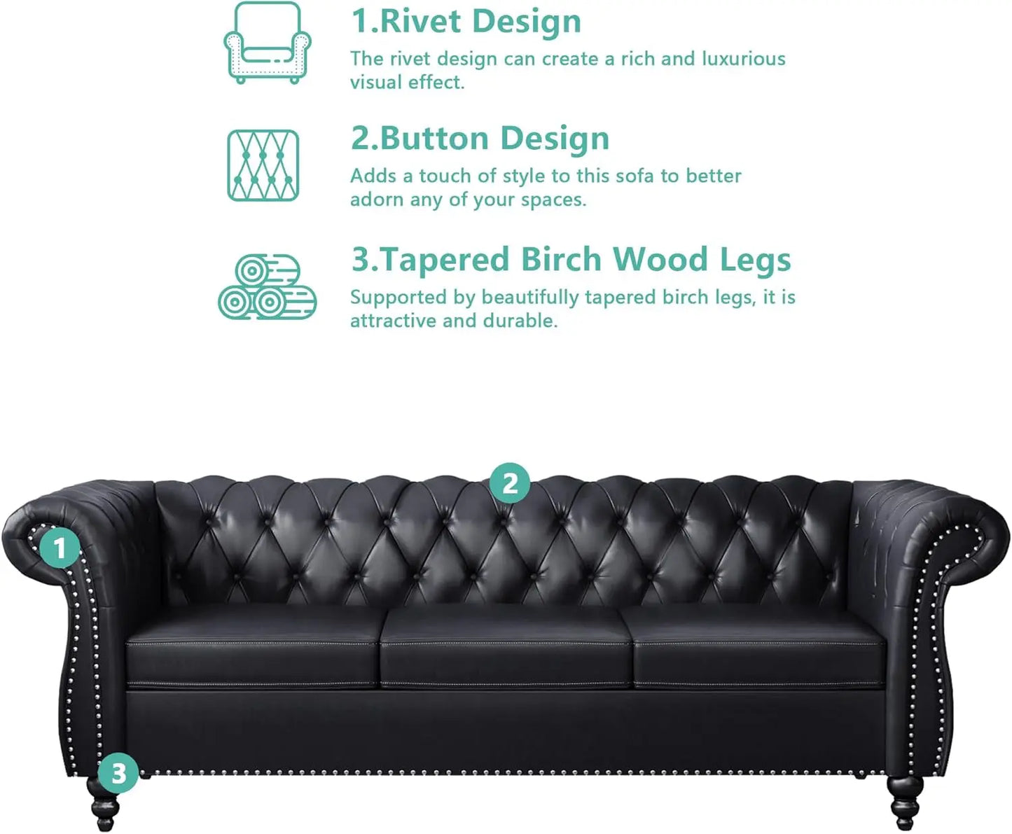 3 Piece Living Room Set Sectional Chesterfield Sofa Chair Artificial Leather Black ShipItFurniture
