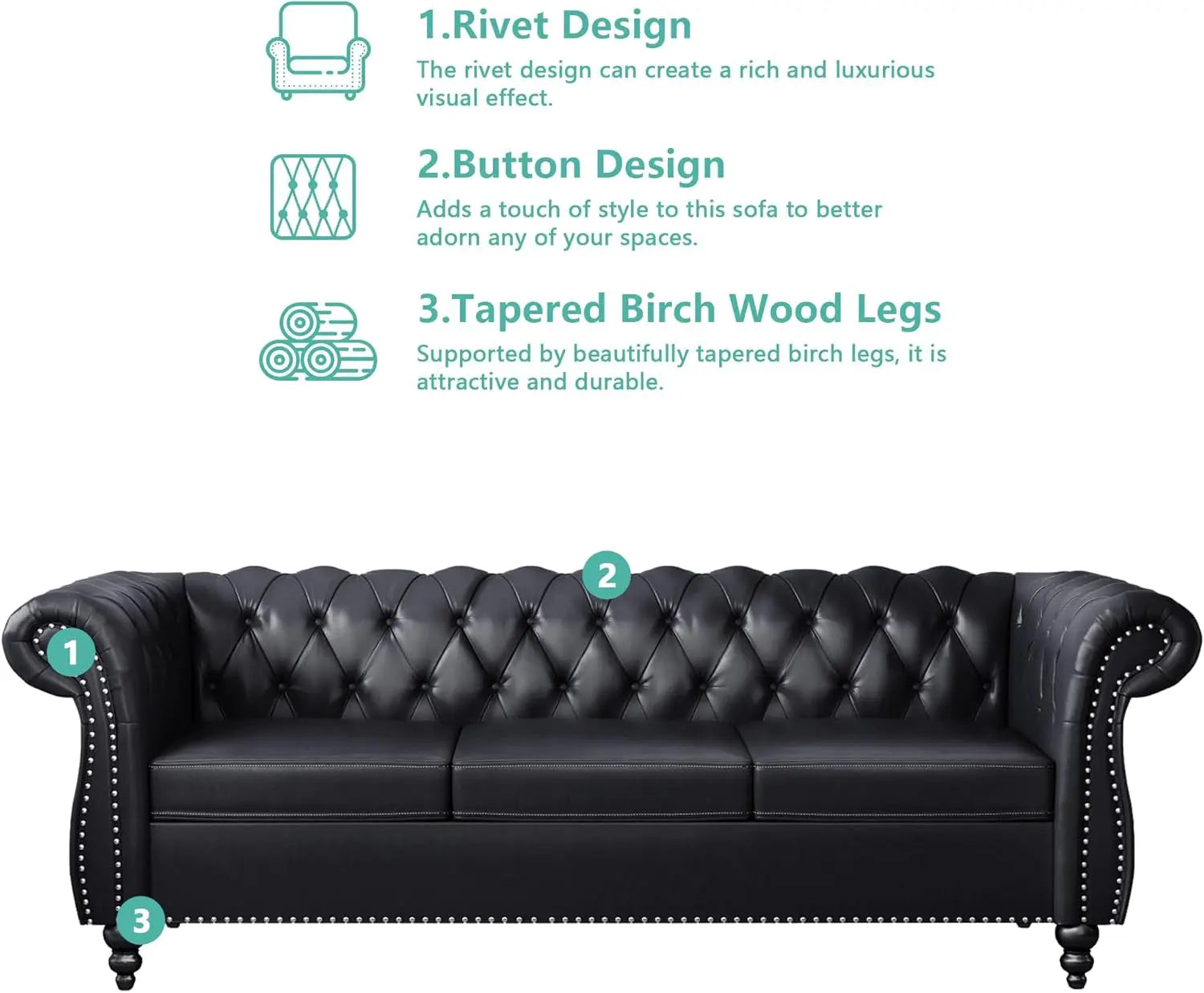 3 Piece Living Room Set Sectional Chesterfield Sofa Chair Artificial Leather Black ShipItFurniture