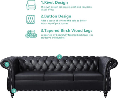 3 Piece Living Room Set Sectional Chesterfield Sofa Chair Artificial Leather Black ShipItFurniture