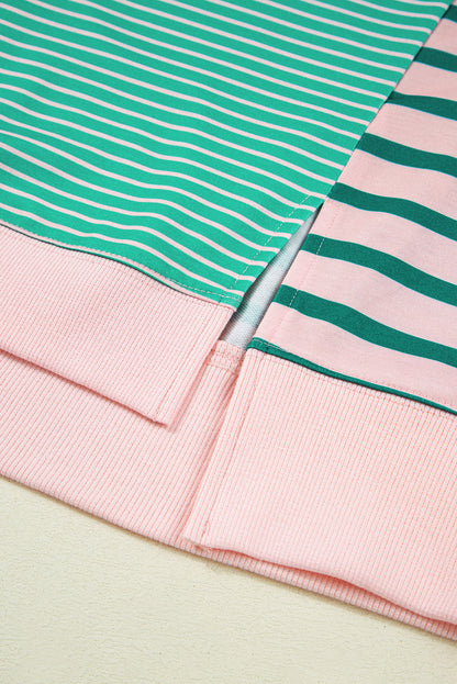 Green Stripe Color Block Exposed Seam Side Slit Plus Size Sweatshirt