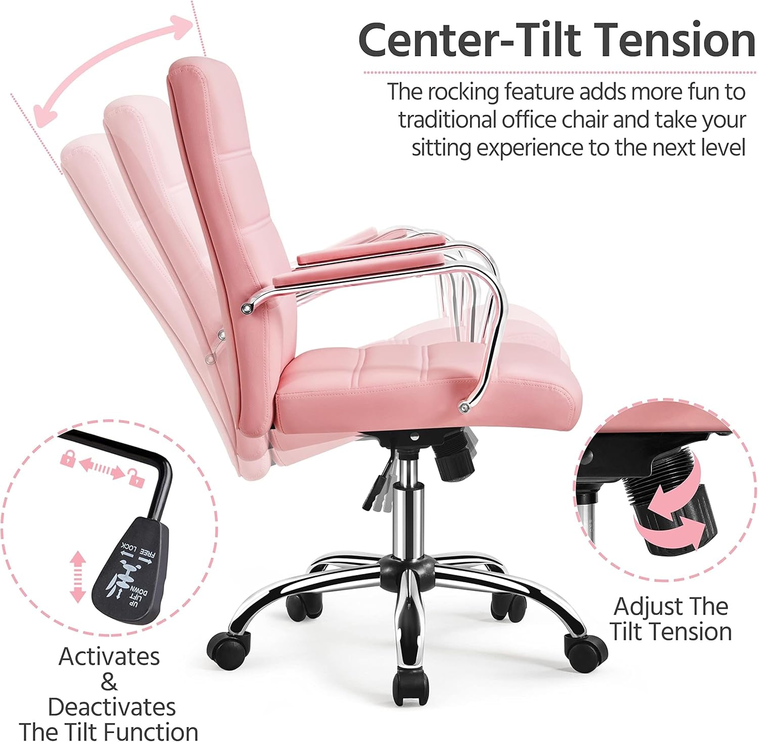 Pink Mid Back Office Chair With Arms 360 Degree Swivel ShipItFurniture