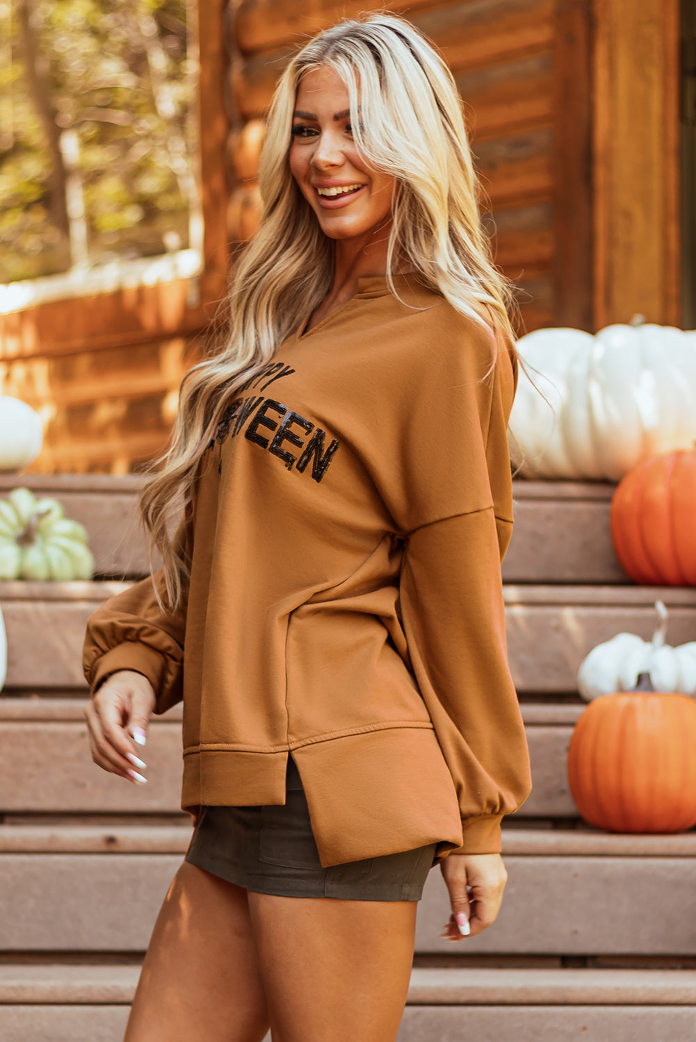 Sequin Happy Halloween Long Sleeve Top Threaded Pear
