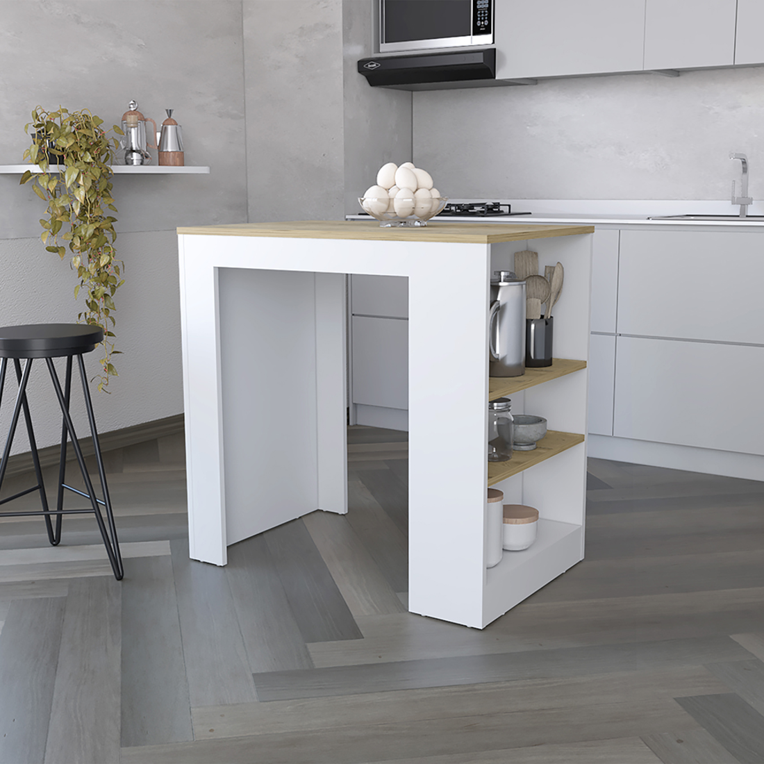 36" Oak and White Wood Kitchen Island With Storage