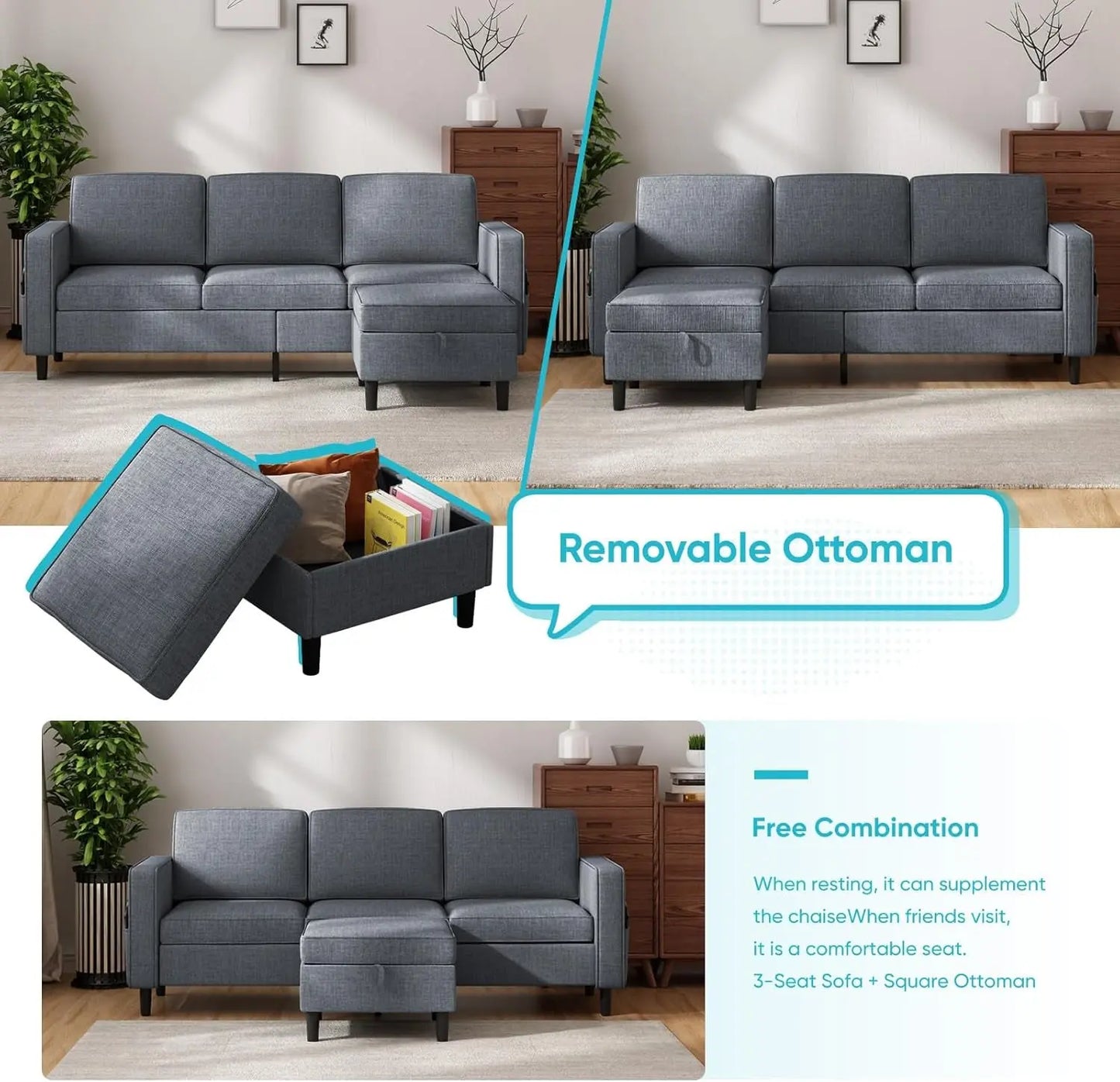 6 Seater Sectional Sofa In Dark Grey Linen With Ottoman ShipItFurniture