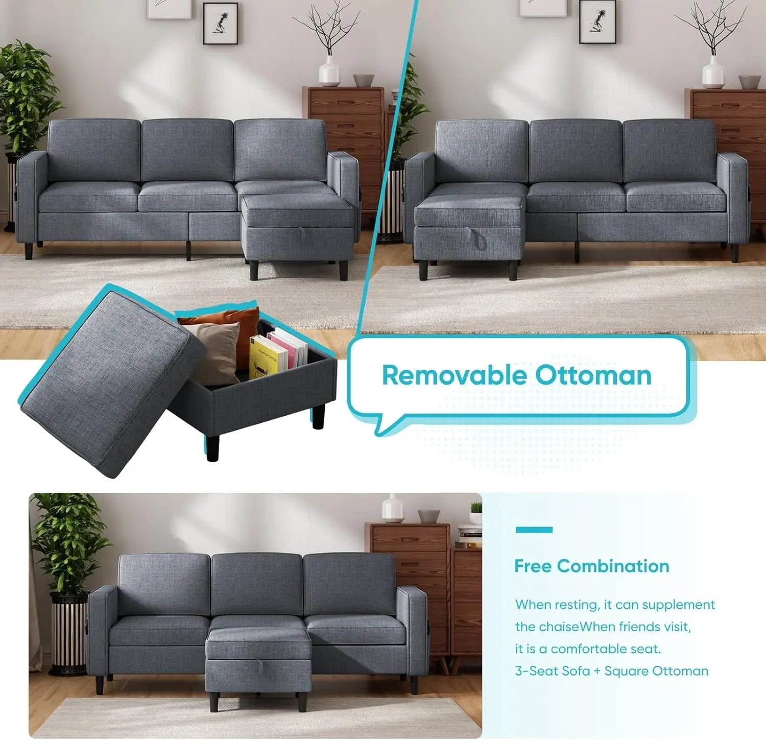 6 Seater Sectional Sofa In Dark Grey Linen With Ottoman ShipItFurniture