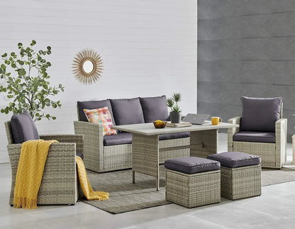 6 Pieces Patio Dining Sets Outdoor Space Saving Rattan Chairs with Table Patio Furniture Sets Cushioned Seating and Back Sectional Conversation Set (Grey)-0