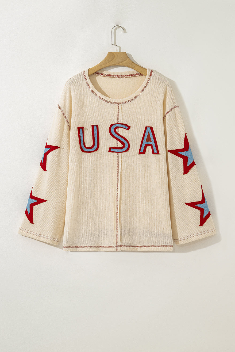 USA Patchwork Exposed Seam Long Sleeve Top Threaded Pear