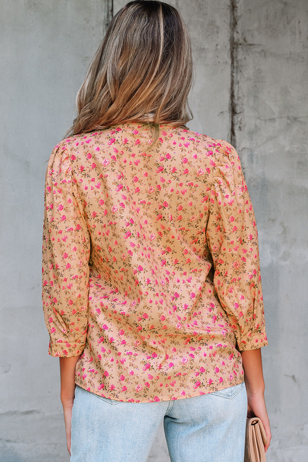 Sadie Floral Bow Pin-tuck Bust Half Puff Sleeve Blouse Threaded Pear