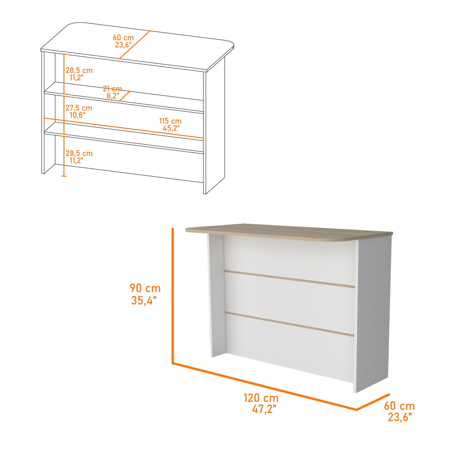 White and Natural 47" Kitchen Island With Storage