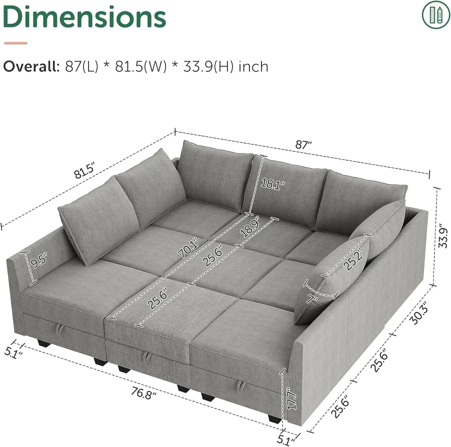 Modular Sectional Sofa with Storage, Sleeper Sectional Sofa Modular Sectional Couch for Living Room, Grey-1