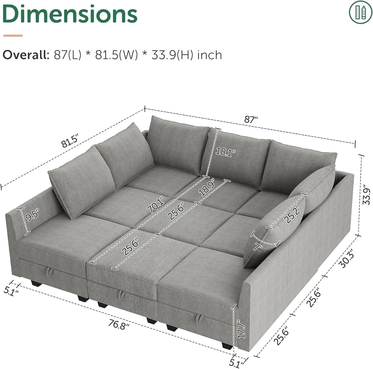Modular Sectional Sofa with Storage, Sleeper Sectional Sofa Modular Sectional Couch for Living Room, Grey-1