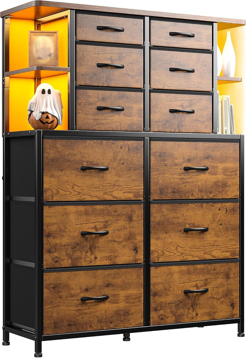 Dresser for Bedroom with LED Lights, 12 Drawers Bedroom Dresser, Dresser and Tall Dresser with Open Shelves, Fabric Dressers & Chests of Drawers with Sturdy Metal Frame, Rustic Brown ShipItFurniture