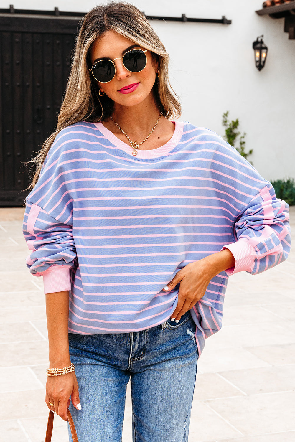 Eliza Stripe Oversize Casual Top Threaded Pear