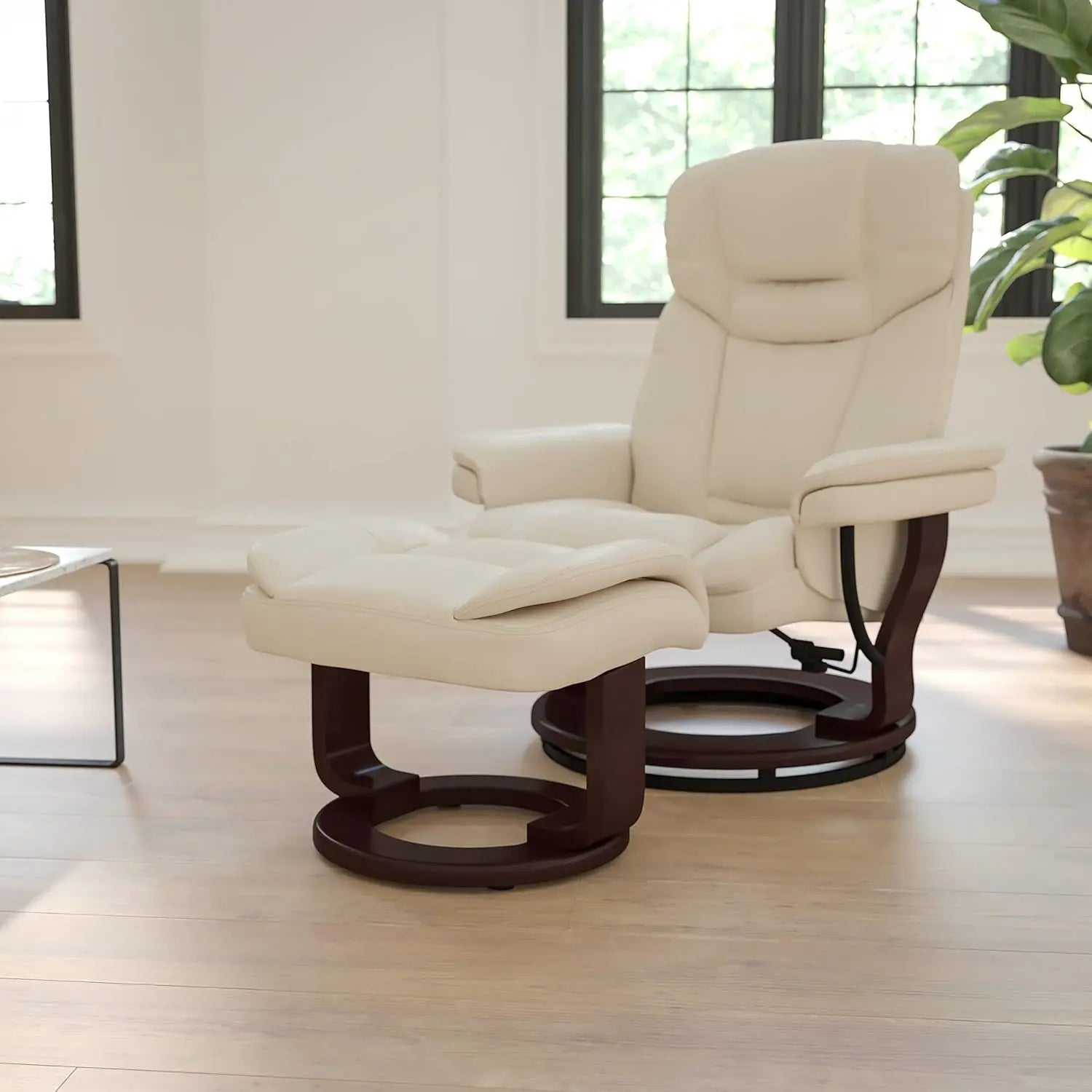 Beige Leathersoft Upholstered Recliner With Ottoman ShipItFurniture