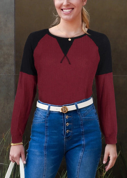 Two Tone Waffle Knit Crewneck Sweater Anna-Kaci Wholesale