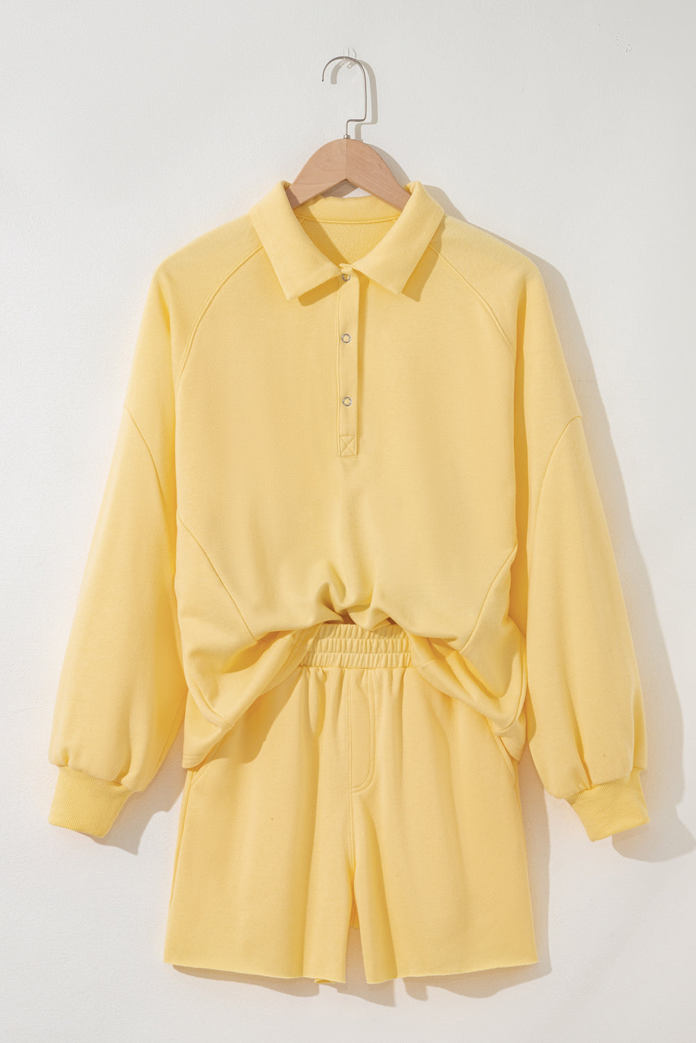 Kylie Button Collar Drop Shoulder Pullover and Shorts 2pcs Outfit Threaded Pear