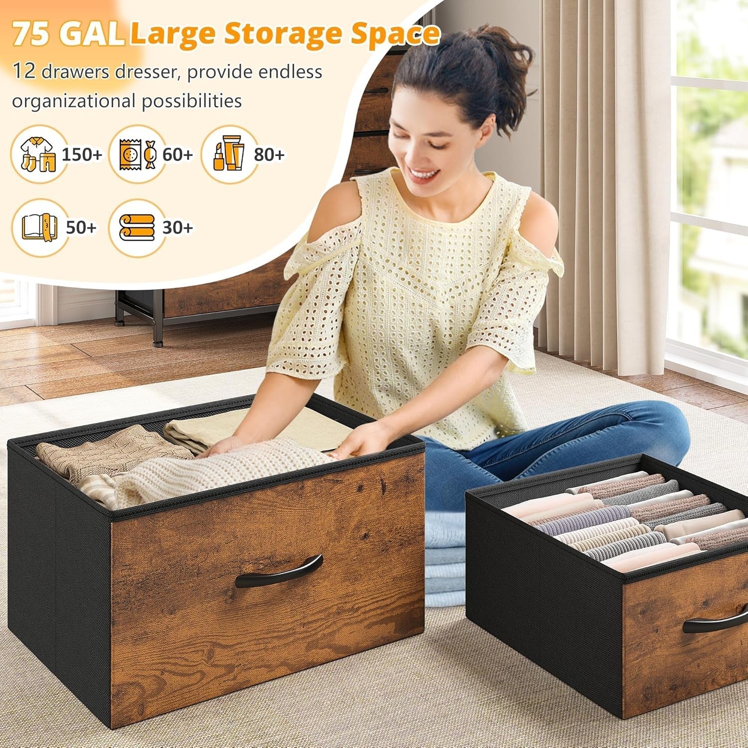 Dresser for Bedroom with LED Lights, 12 Drawers Bedroom Dresser, Dresser and Tall Dresser with Open Shelves, Fabric Dressers & Chests of Drawers with Sturdy Metal Frame, Rustic Brown ShipItFurniture