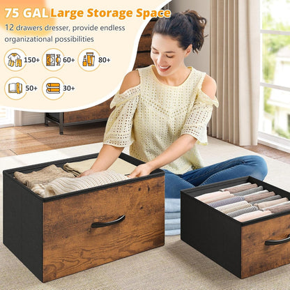Dresser for Bedroom with LED Lights, 12 Drawers Bedroom Dresser, Dresser and Tall Dresser with Open Shelves, Fabric Dressers & Chests of Drawers with Sturdy Metal Frame, Rustic Brown ShipItFurniture