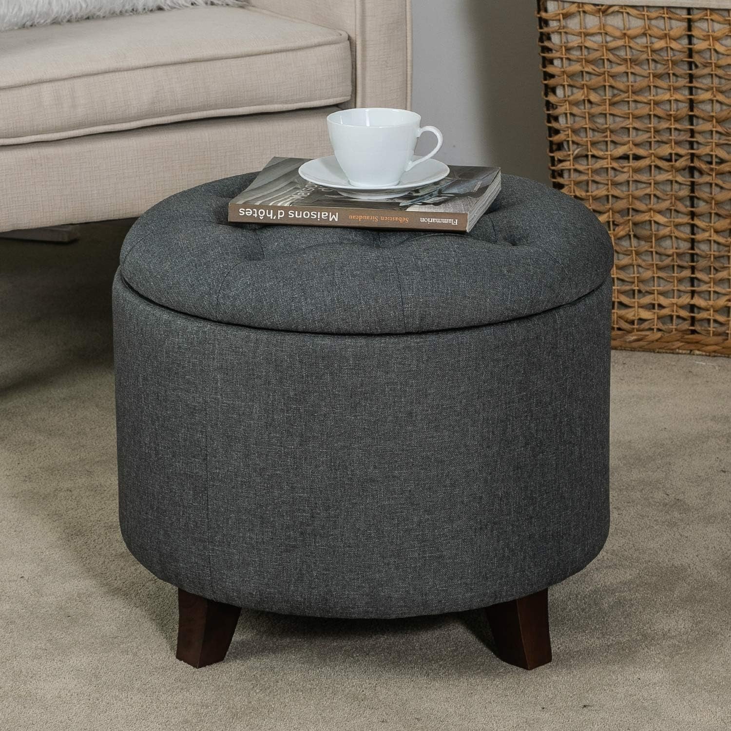 Gray Fabric Round Storage Ottoman With Button Tufting ShipItFurniture