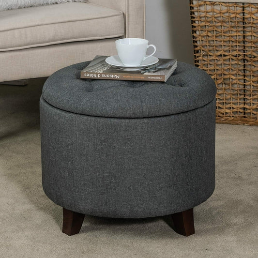 Gray Fabric Round Storage Ottoman With Button Tufting ShipItFurniture