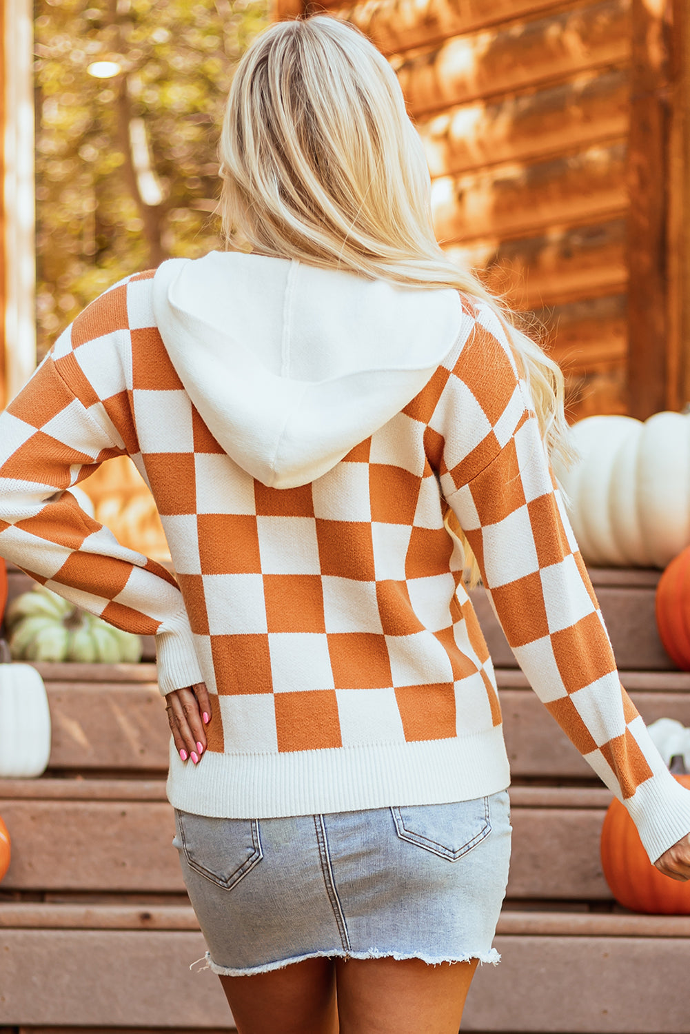 Lila Checkered Kangaroo Pocket Hooded Sweater Threaded Pear