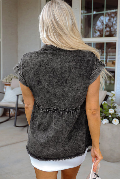 Chaya Flap Pocket Button Up Raw Hem Denim Shirt