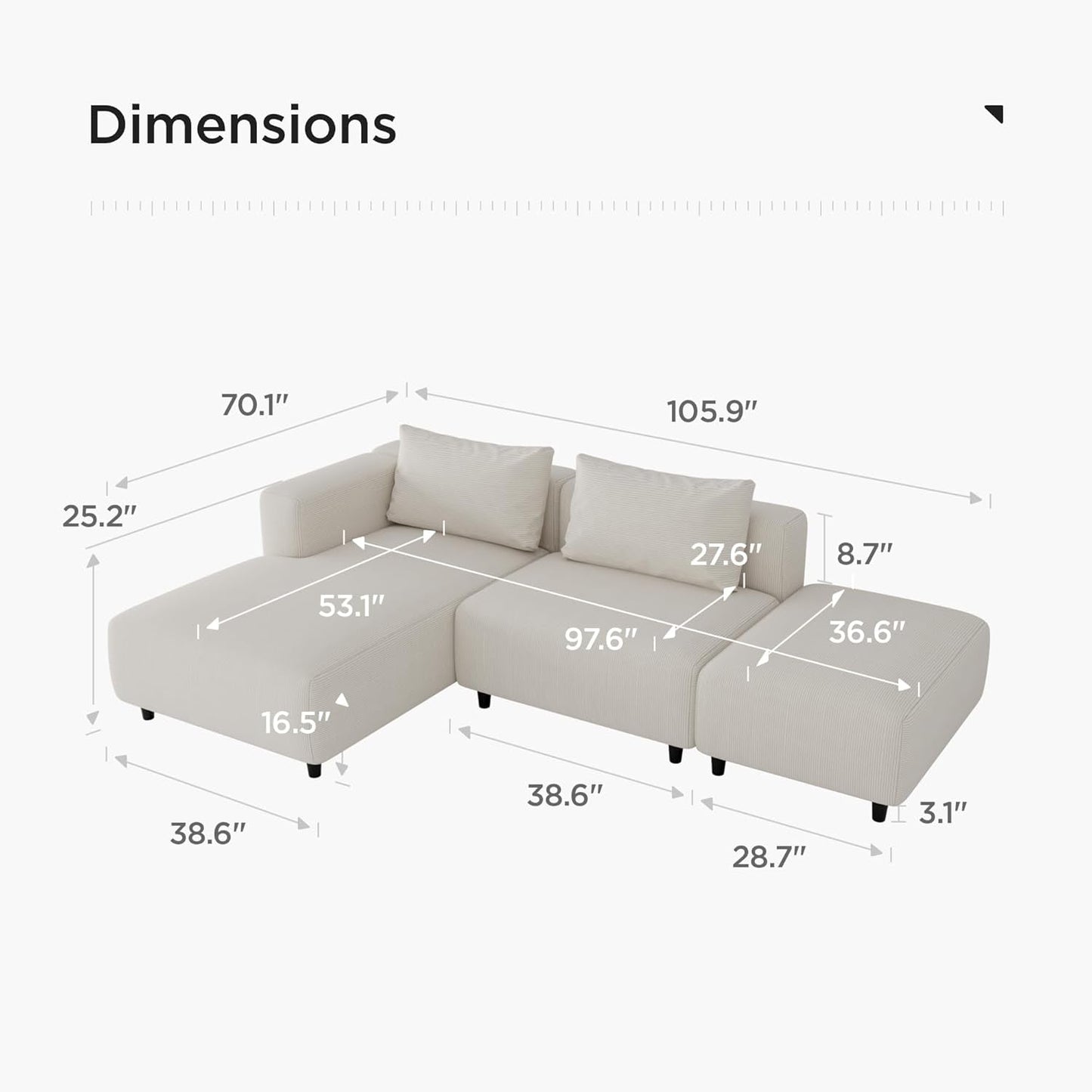 Soft Corduroy Sectional Sofa Set L Shaped Cream Modular ShipItFurniture