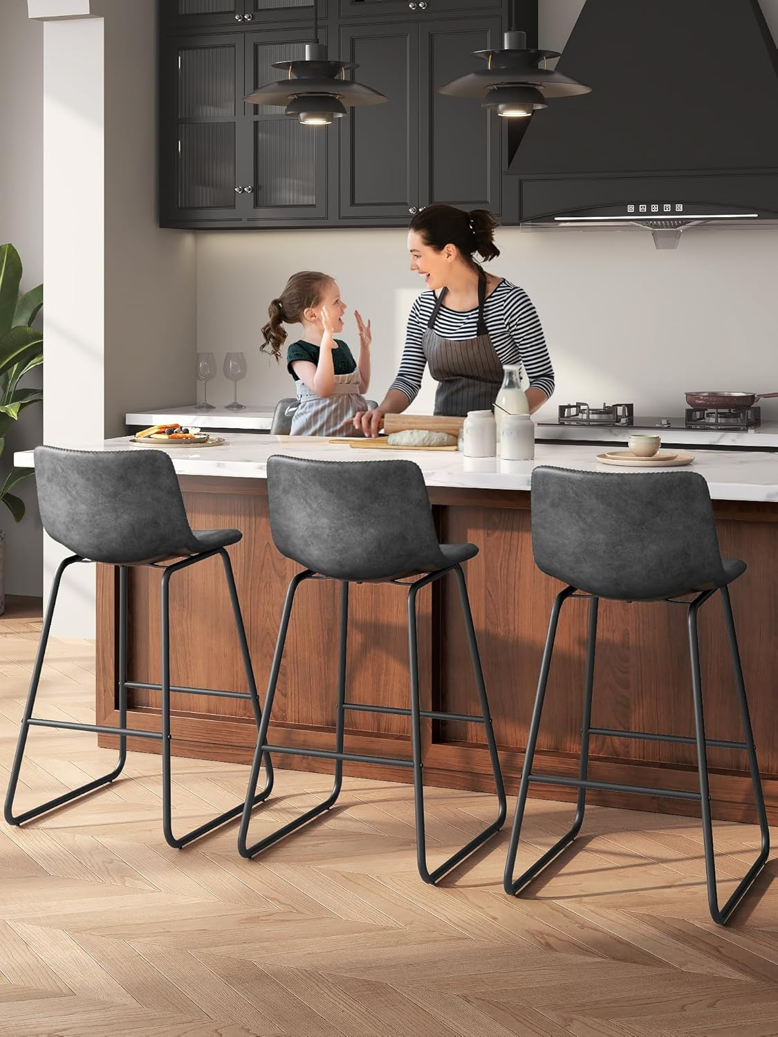 Gray Faux Leather Bar Stools Set Of 3 26 Inch Counter ShipItFurniture