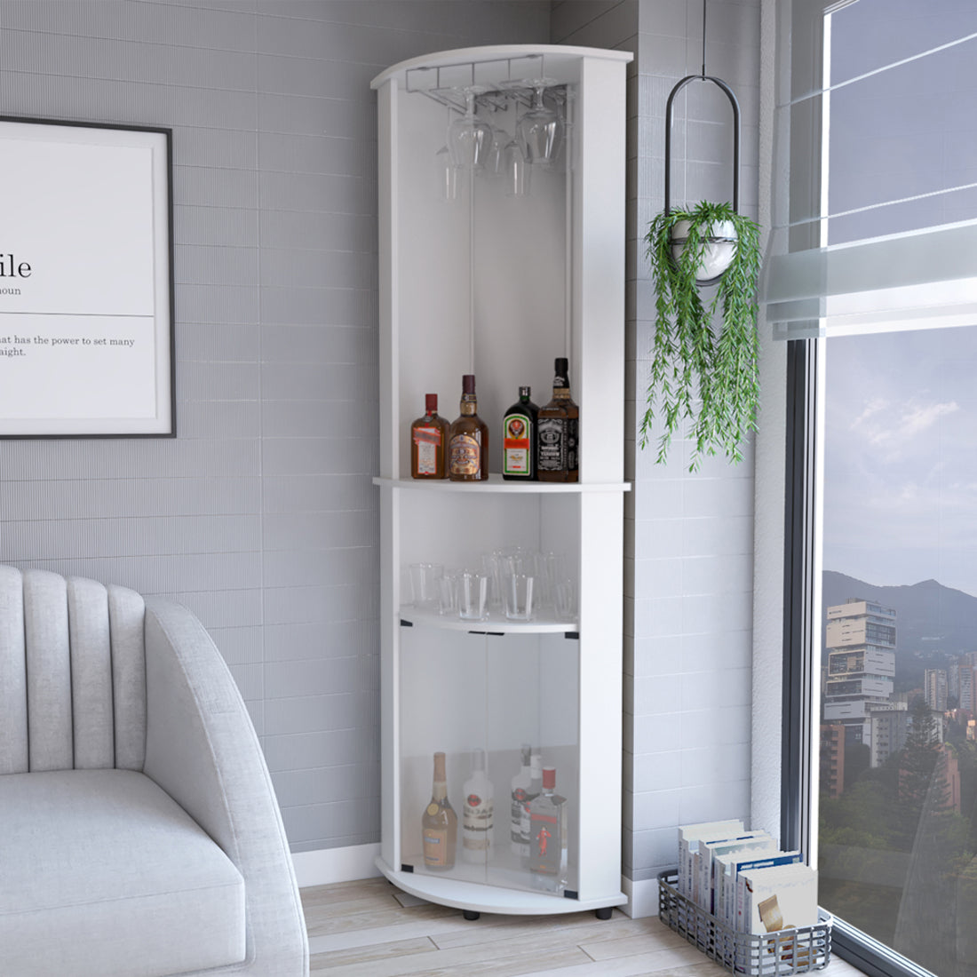 75" White Wood Corner Bar Cabinet With Three Shelves