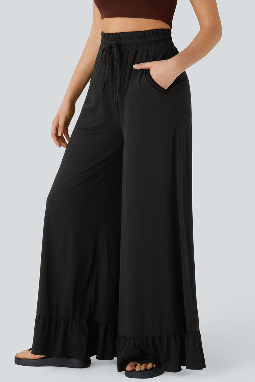 Freya Ruffled Wide Leg Pants with Pockets Threaded Pear