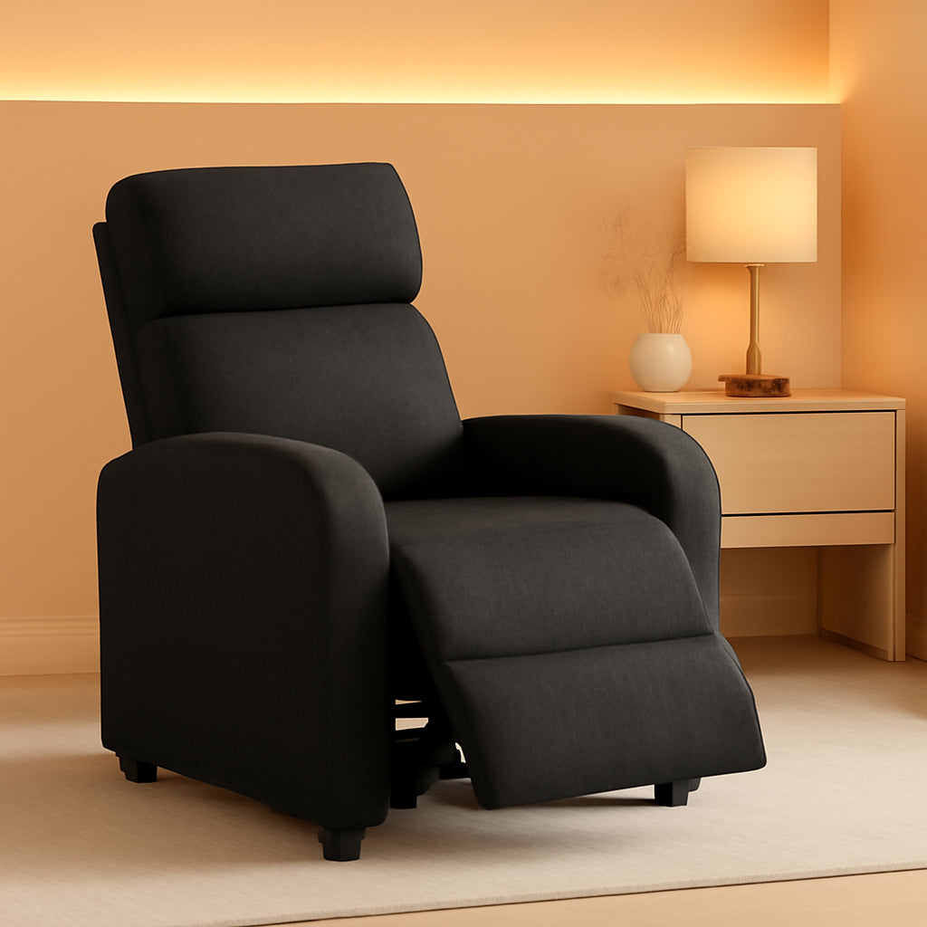 Fabric Push Back Recliner Chair Pocket Spring Matte Black ShipItFurniture