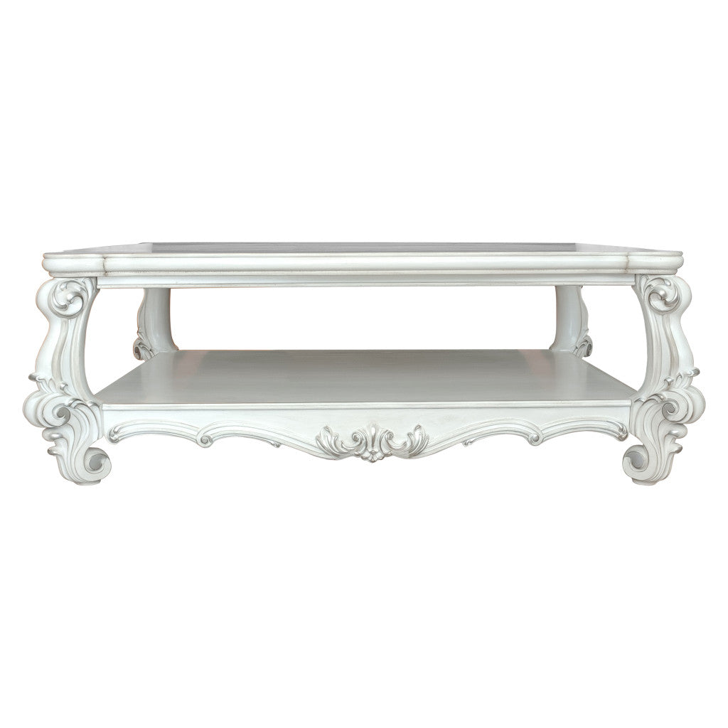 57" White Wood Ornate Coffee Table With Shelf